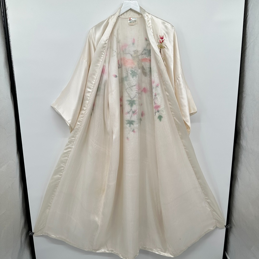 Vintage Lotus Kimono Robe Large 100% Pure Silk Embroidered Ornate Heirloom FLAW - Picture 6 of 16